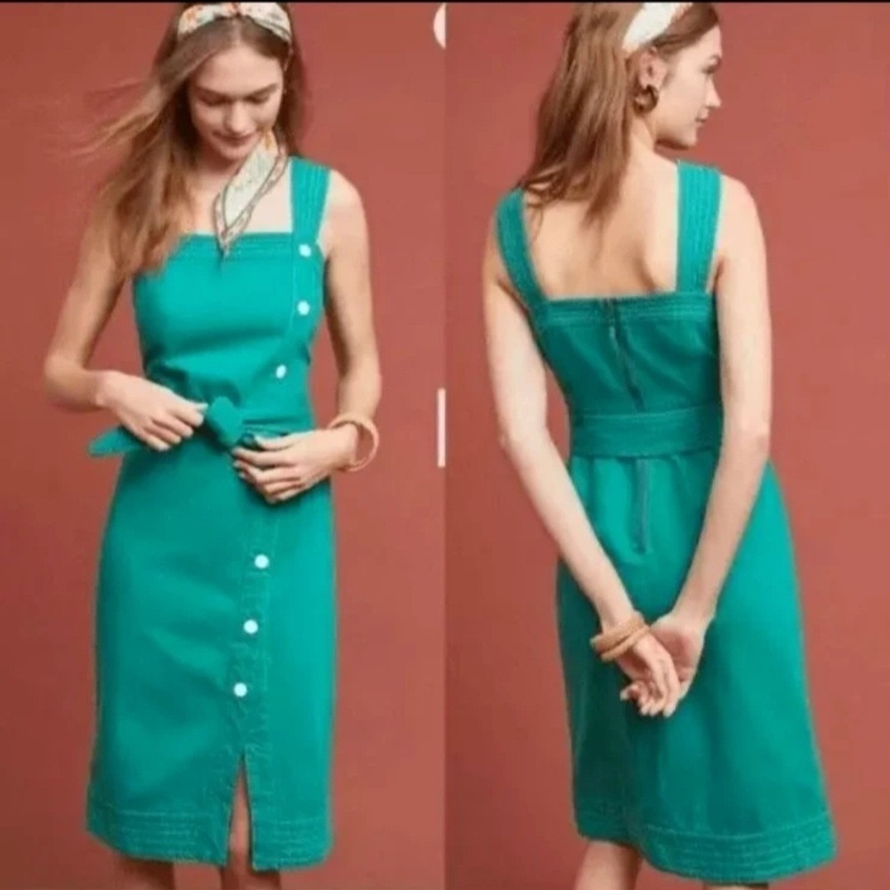 Anthro Maeve Elizabeth Green Button Front Midi Denim Dress 8 Belted Cotton Coast